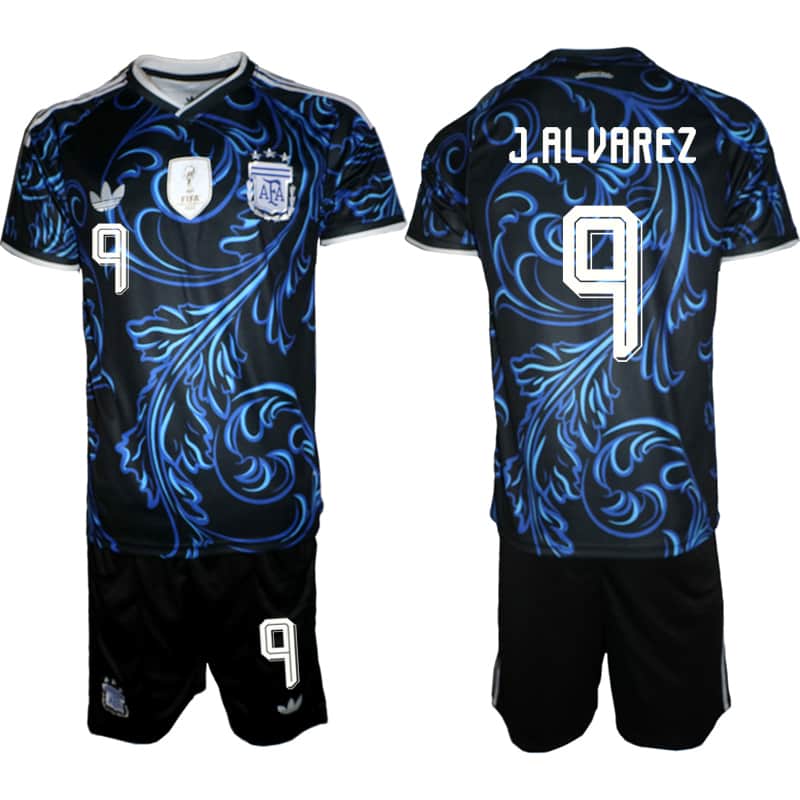 Men's Argentina #9 Julián Álvarez Black/Blue 2026 Away Soccer Jersey Suit